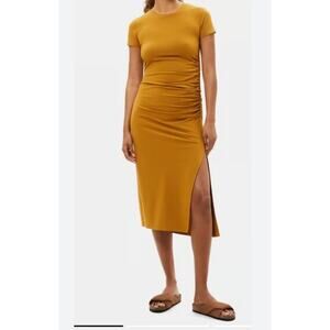 Theory Cotton Sahara Yellow/Tan Shirred T-shirt Dress Size S